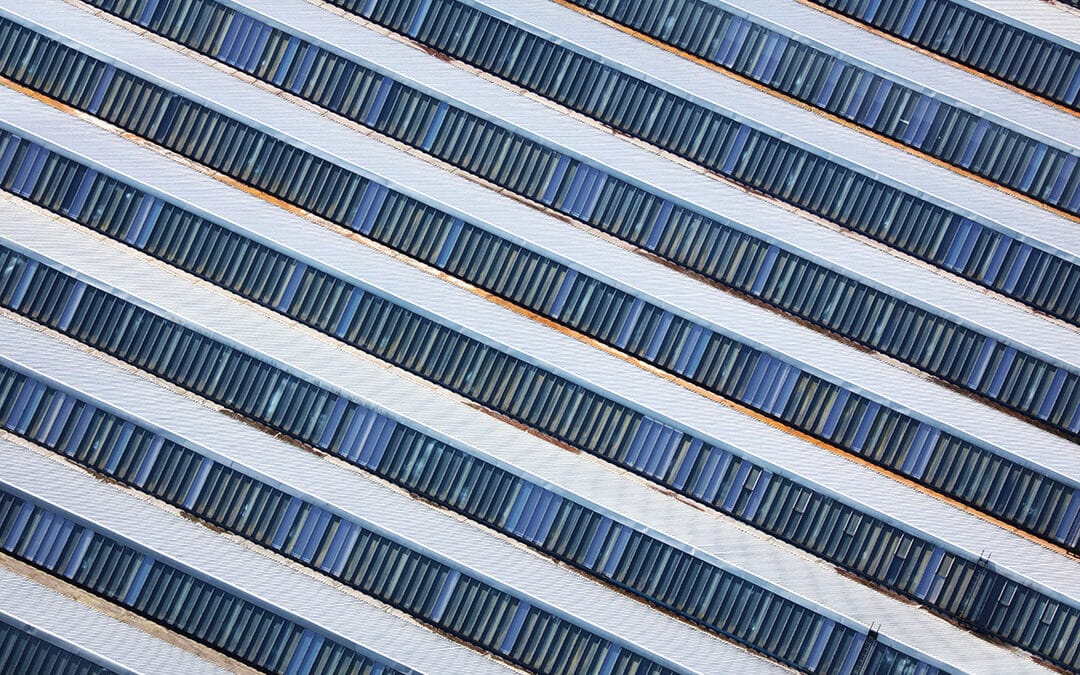 An aerial view of an large industrial factory roof in UK.