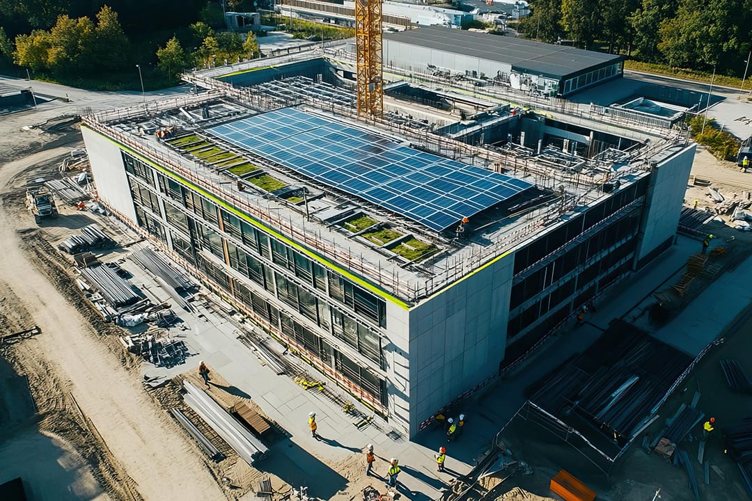 Aerial view of a modern construction site featuring an eco-friendly building with solar panels and green roofing.