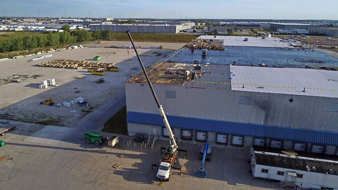 138,000 SF of Elevate 60 Mil TPO Fully Adhered Membrane, new insulation system and an Elevate V-Force vapor retarder on a sloped metal deck. Aerial Imagery In Minneapolis And St Paul, MN