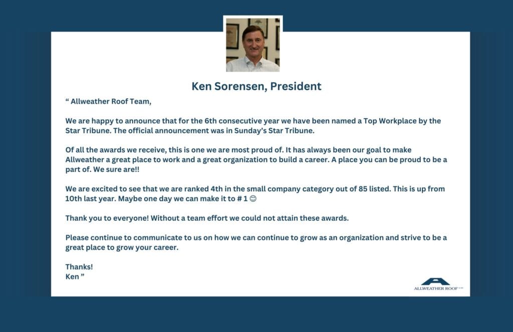 Message from Allweather Roof President Ken Sorensen