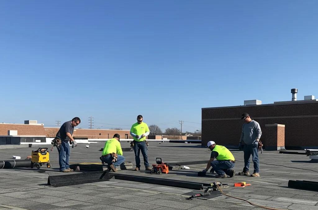 Team assessing commercial roofing materials in Minneapolis