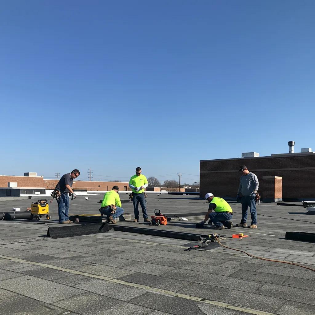 Team assessing commercial roofing materials in Minneapolis