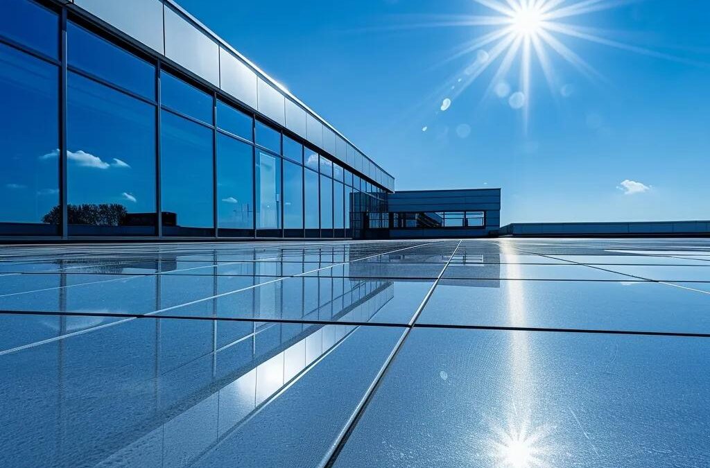 Commercial building with a well-maintained flat roof under a clear blue sky