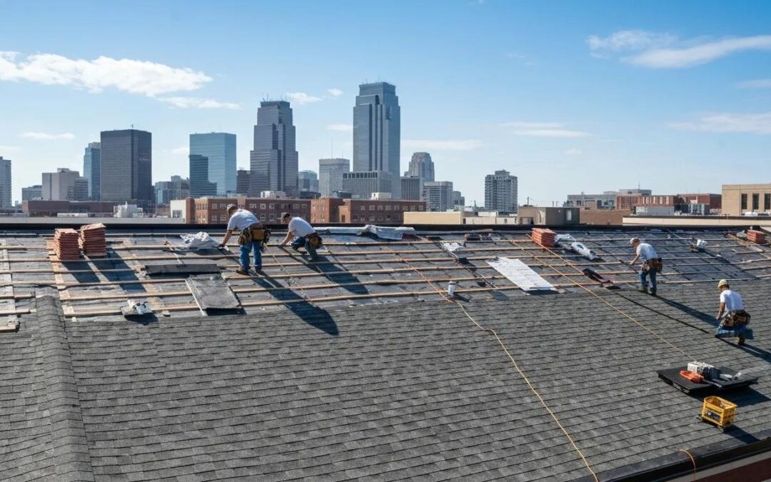 Minneapolis commercial building with a new roof, showcasing different material options and skilled roofing professionals at work