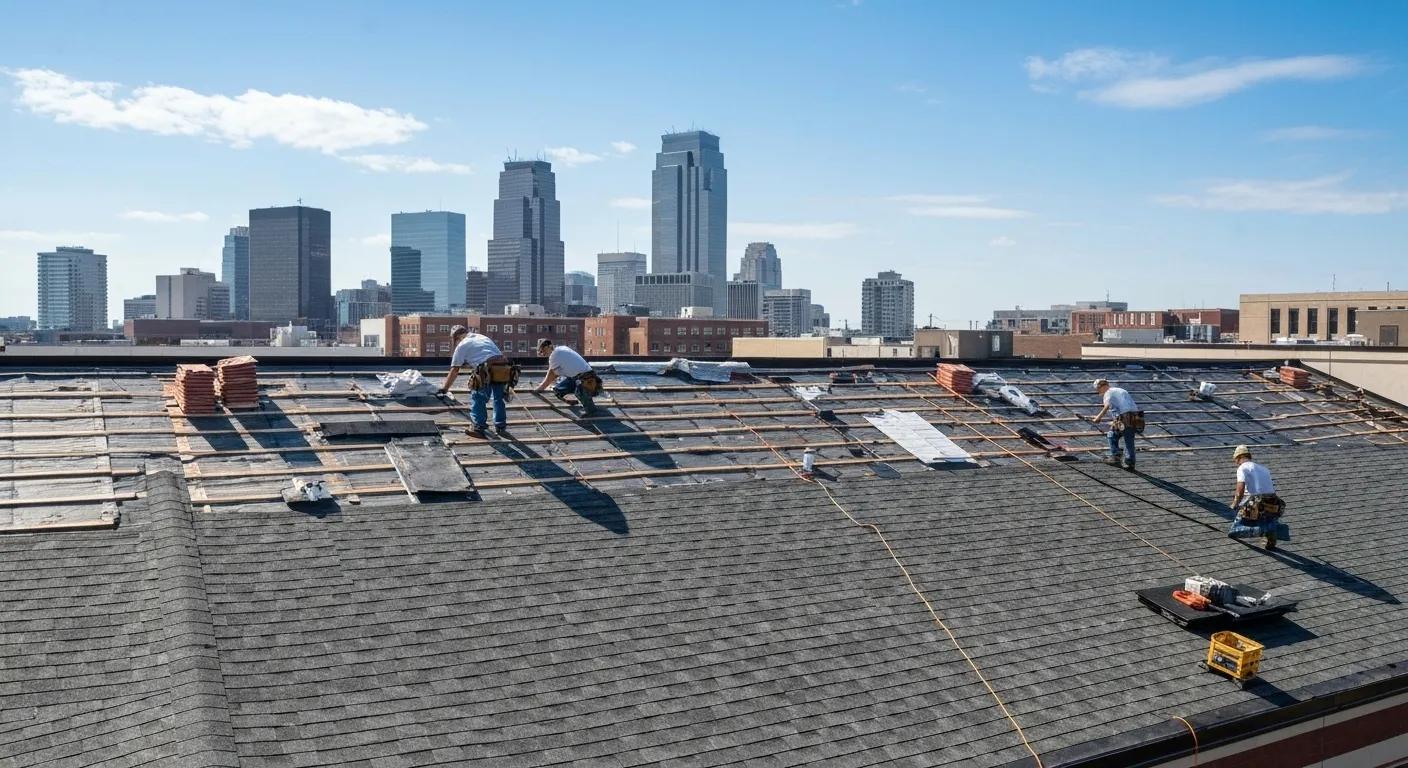 Minneapolis commercial building with a new roof, showcasing different material options and skilled roofing professionals at work