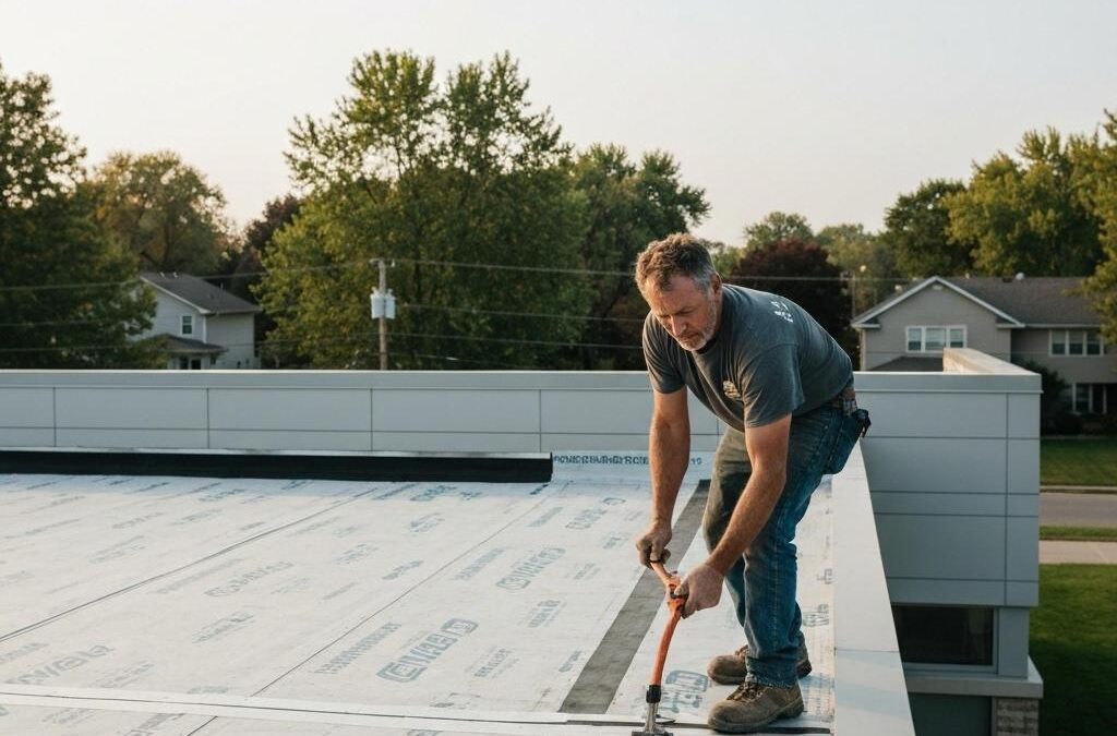 ### Key Elements

- **Main Subject**: A man working on a roof.
- **Objects**: Roofing materials, tools (e.g., a cutting tool).
- **Notable Features**: Flat roof surface, residential neighborhood in the background, trees, and houses.
- **Text/Symbols**: None present in the image.

### Overall Mood/Theme

The image conveys a sense of hard work and diligence, showcasing a skilled laborer engaged in roofing tasks. The setting suggests a calm, suburban environment, with soft lighting indicating either early morning or late afternoon, contributing to a productive yet serene atmosphere.