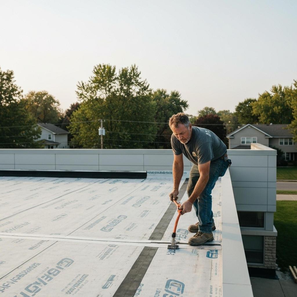 ### Key Elements
- **Main Subject**: A man working on a roof.
- **Objects**: Roofing materials, tools (e.g., a cutting tool).
- **Notable Features**: Flat roof surface, residential neighborhood in the background, trees, and houses.
- **Text/Symbols**: None present in the image.
### Overall Mood/Theme
The image conveys a sense of hard work and diligence, showcasing a skilled laborer engaged in roofing tasks. The setting suggests a calm, suburban environment, with soft lighting indicating either early morning or late afternoon, contributing to a productive yet serene atmosphere.
