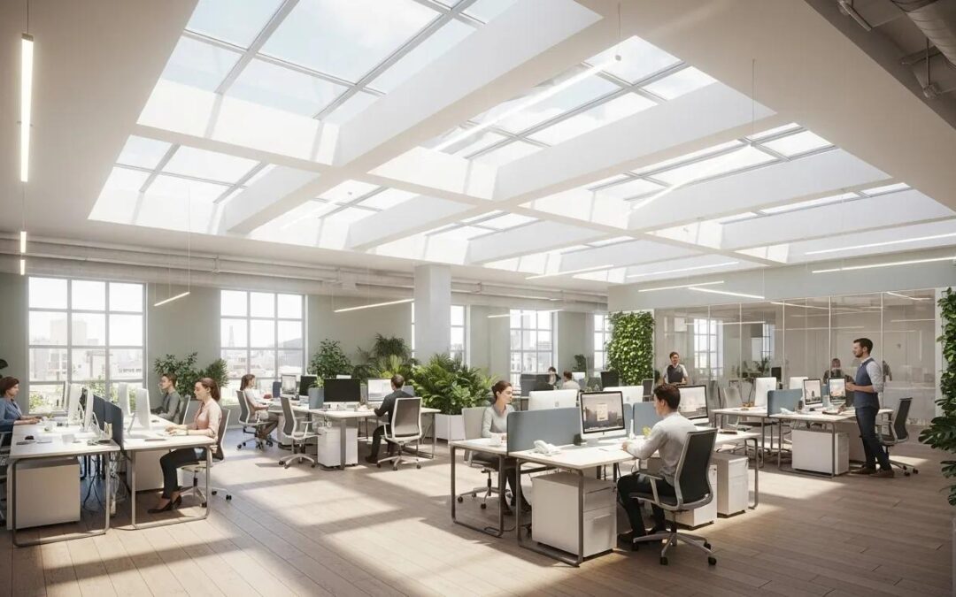 Bright commercial office space with skylights enhancing natural light and employee productivity