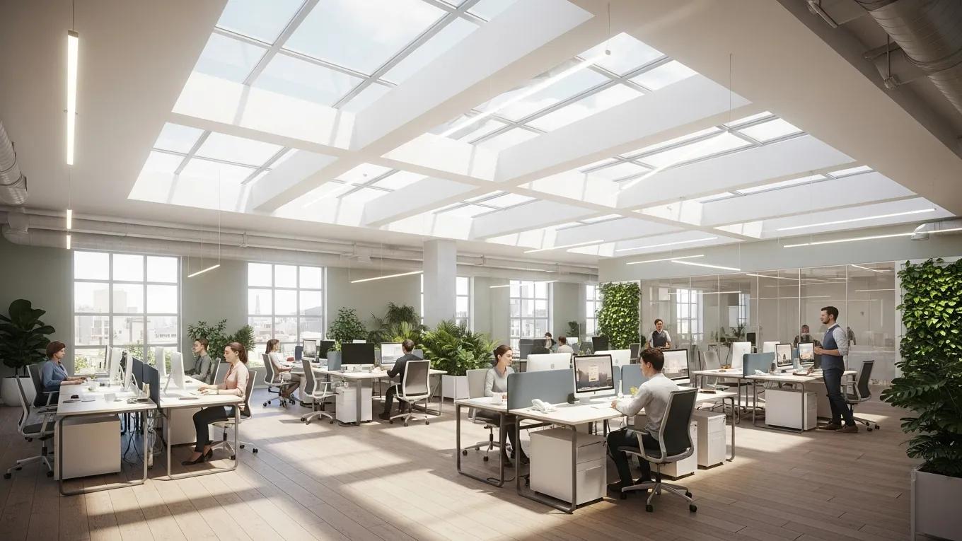 Bright commercial office space with skylights enhancing natural light and employee productivity