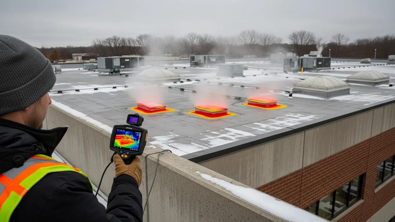 Thermal imaging roof inspection technician assessing commercial property in Minnesota