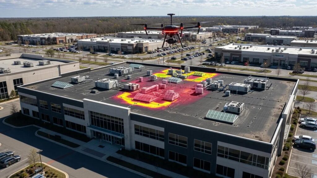Drone conducting thermal imaging inspection of a commercial roof in Minnesota