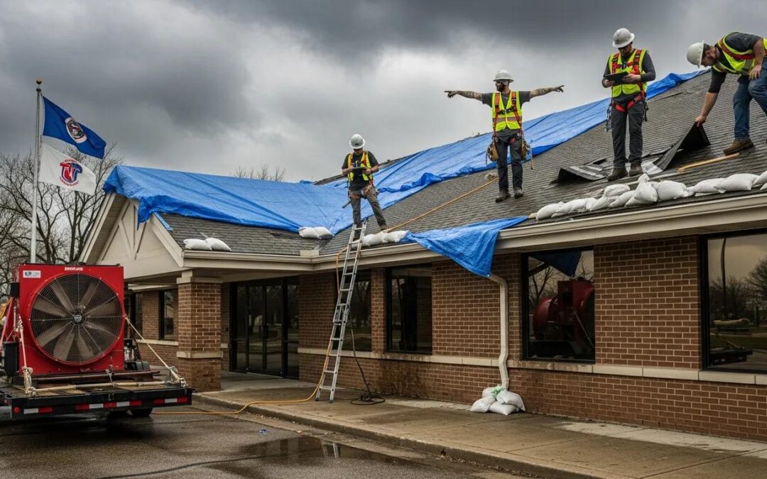 Emergency tarping and leak containment on a storm-damaged commercial roof in Minnesota