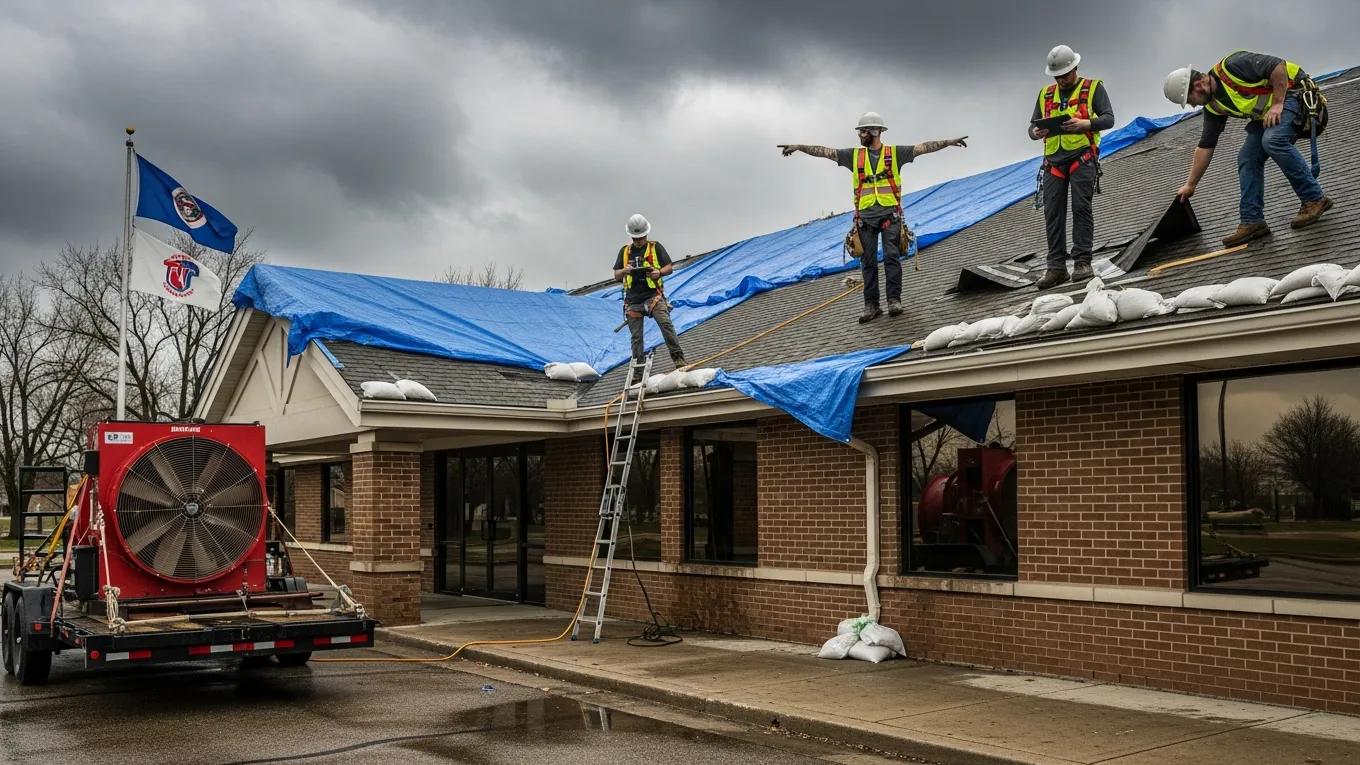 Emergency tarping and leak containment on a storm-damaged commercial roof in Minnesota