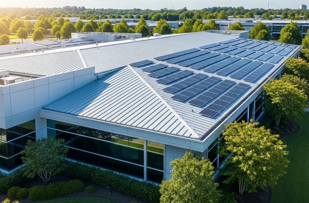 Modern commercial building with energy-efficient roofing and solar panels, showcasing sustainability benefits
