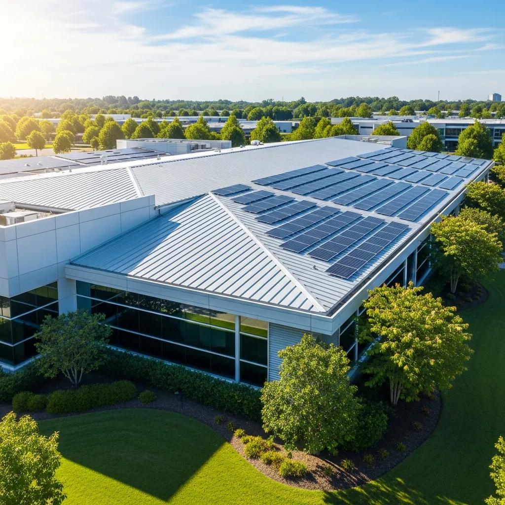 Modern commercial building with energy-efficient roofing and solar panels, showcasing sustainability benefits
