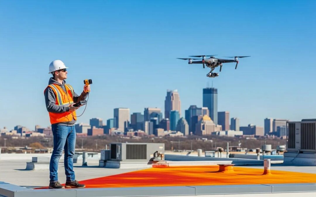 Professional roof inspector using aerial and thermal imaging technology for commercial roof assessment in Minnesota