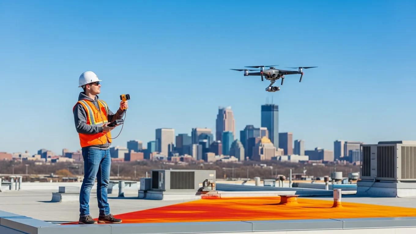 Professional roof inspector using aerial and thermal imaging technology for commercial roof assessment in Minnesota
