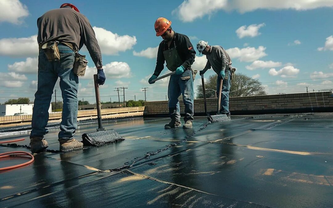 pls generate EPDM commericial roof with workers